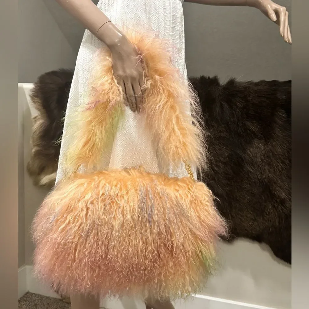 Colorful Real Mongolian Lamb Fur Handmade Boho Style, Fold Over Flap Handbag